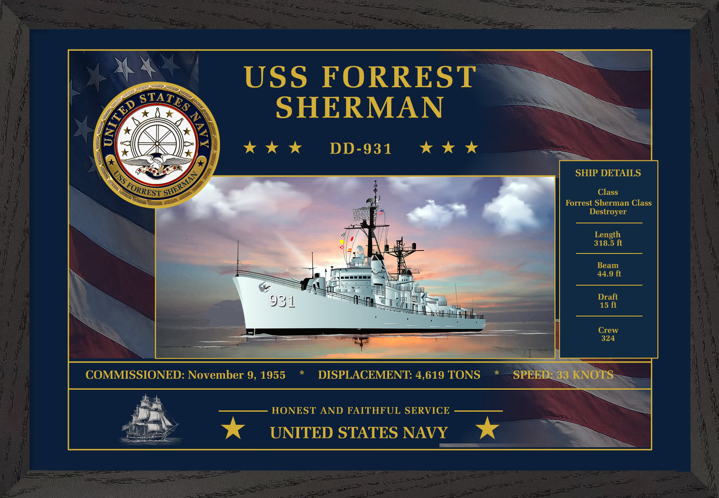 USS Forrest Sherman DD-931 Framed Patriotic Art