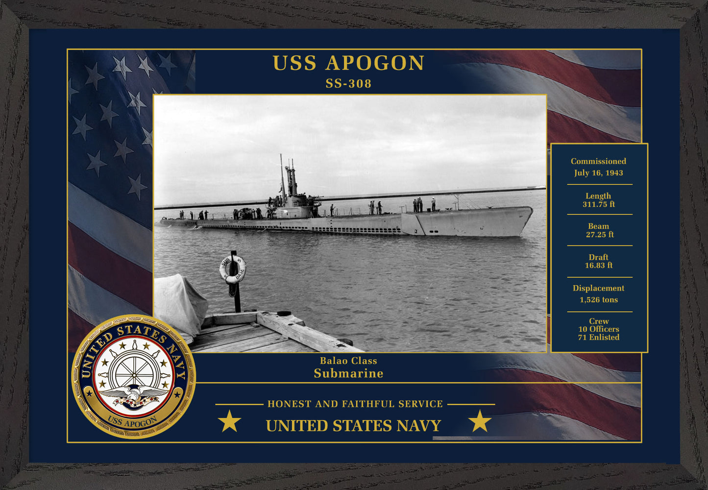 USS Apogon SS-308 Framed Patriotic Photo