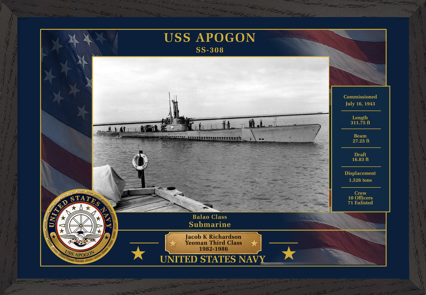 USS Apogon SS-308 Framed Patriotic Photo