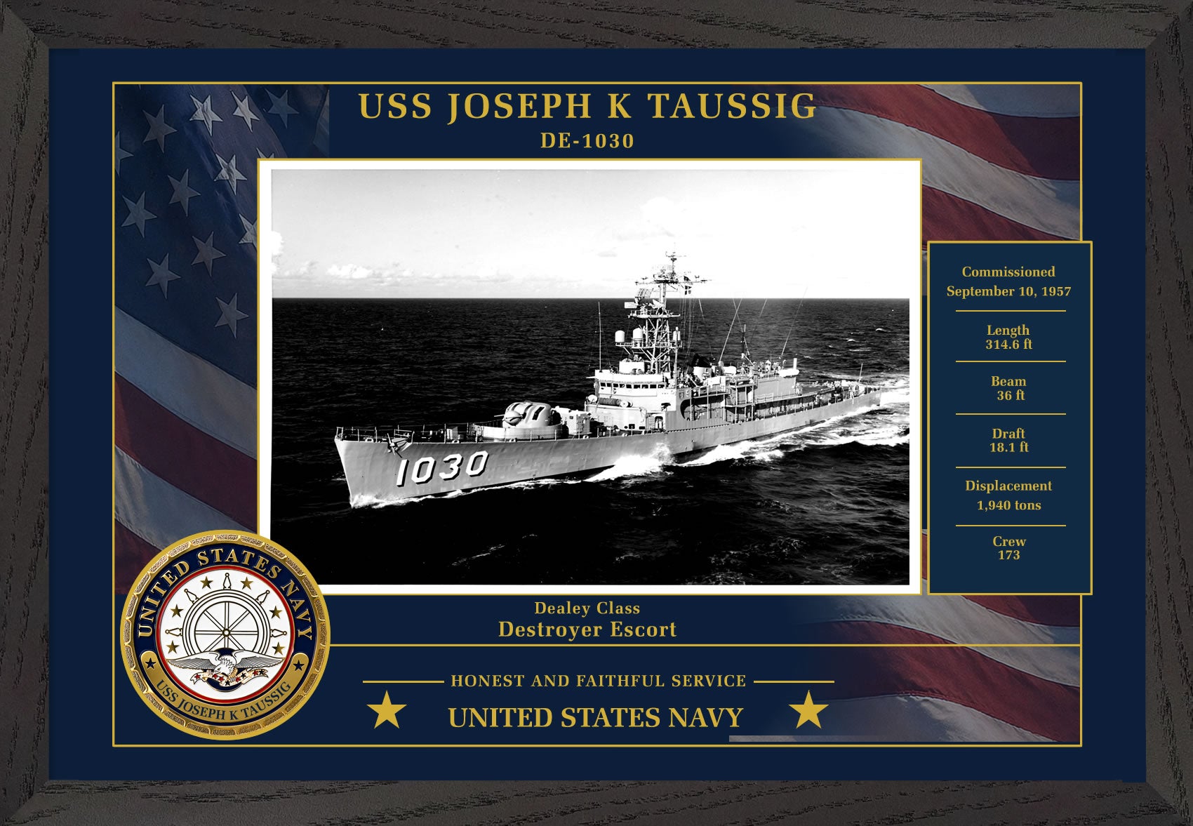 USS Joseph K Taussig DE-1030 Framed Patriotic Photo
