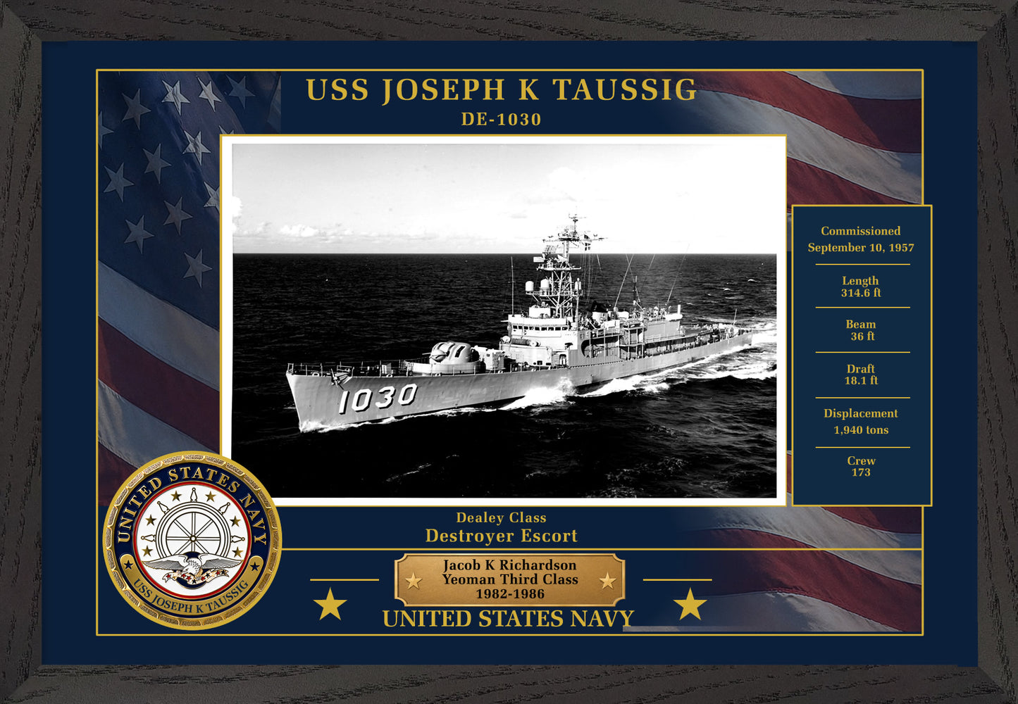 USS Joseph K Taussig DE-1030 Framed Patriotic Photo