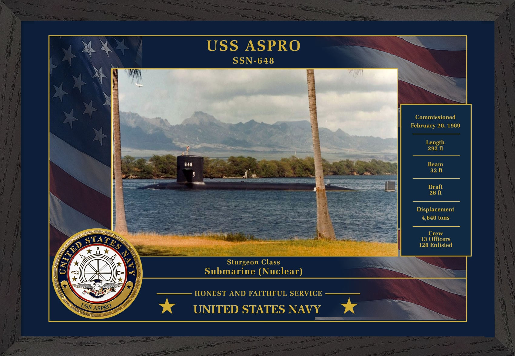 USS Aspro SSN-648 Framed Patriotic Photo