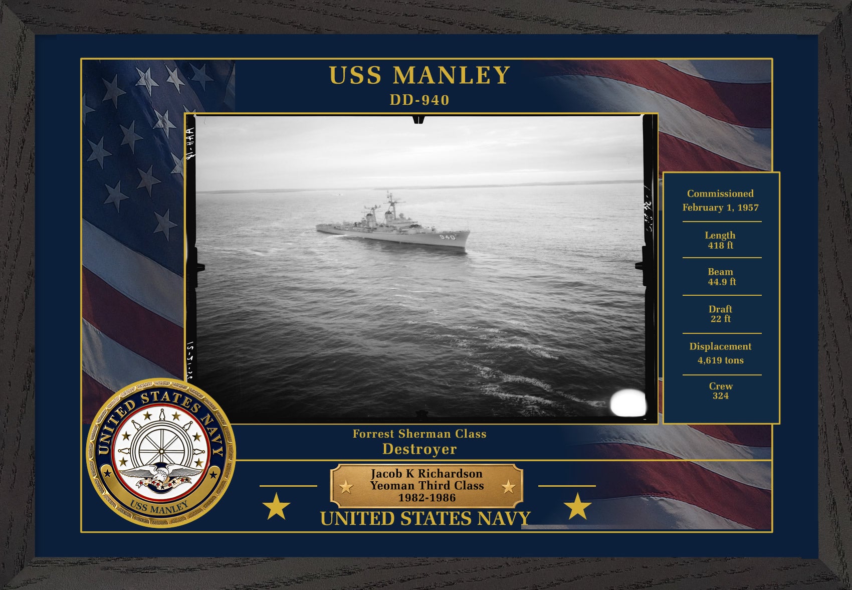 USS Manley DD-940 Framed Patriotic Photo