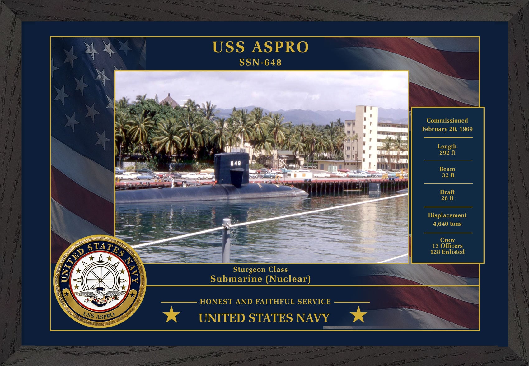 USS Aspro SSN-648 Framed Patriotic Photo