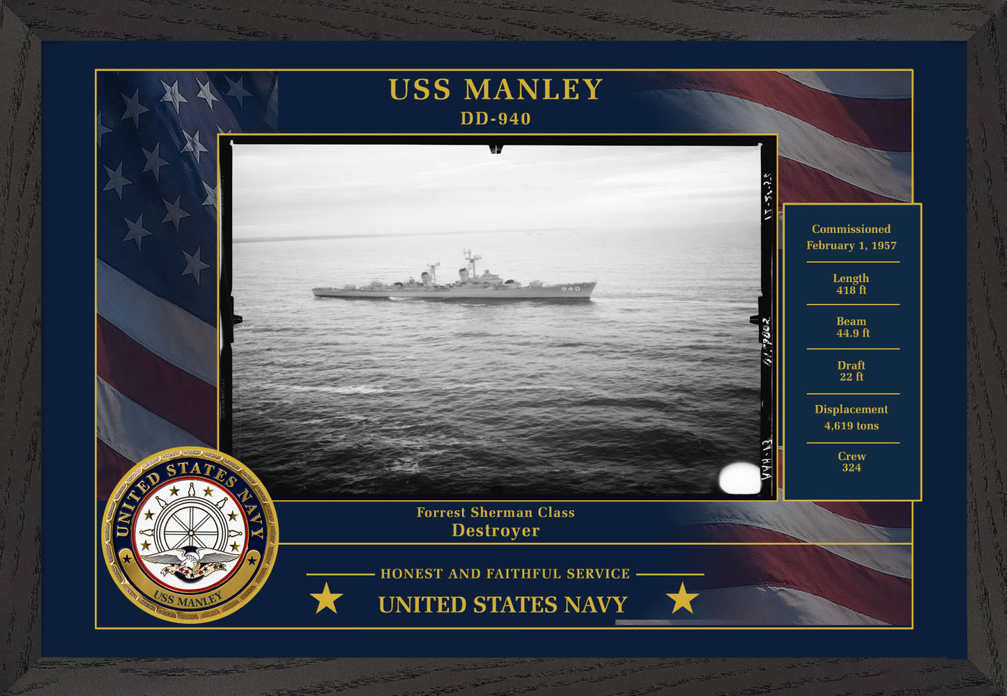 USS Manley DD-940 Framed Patriotic Photo