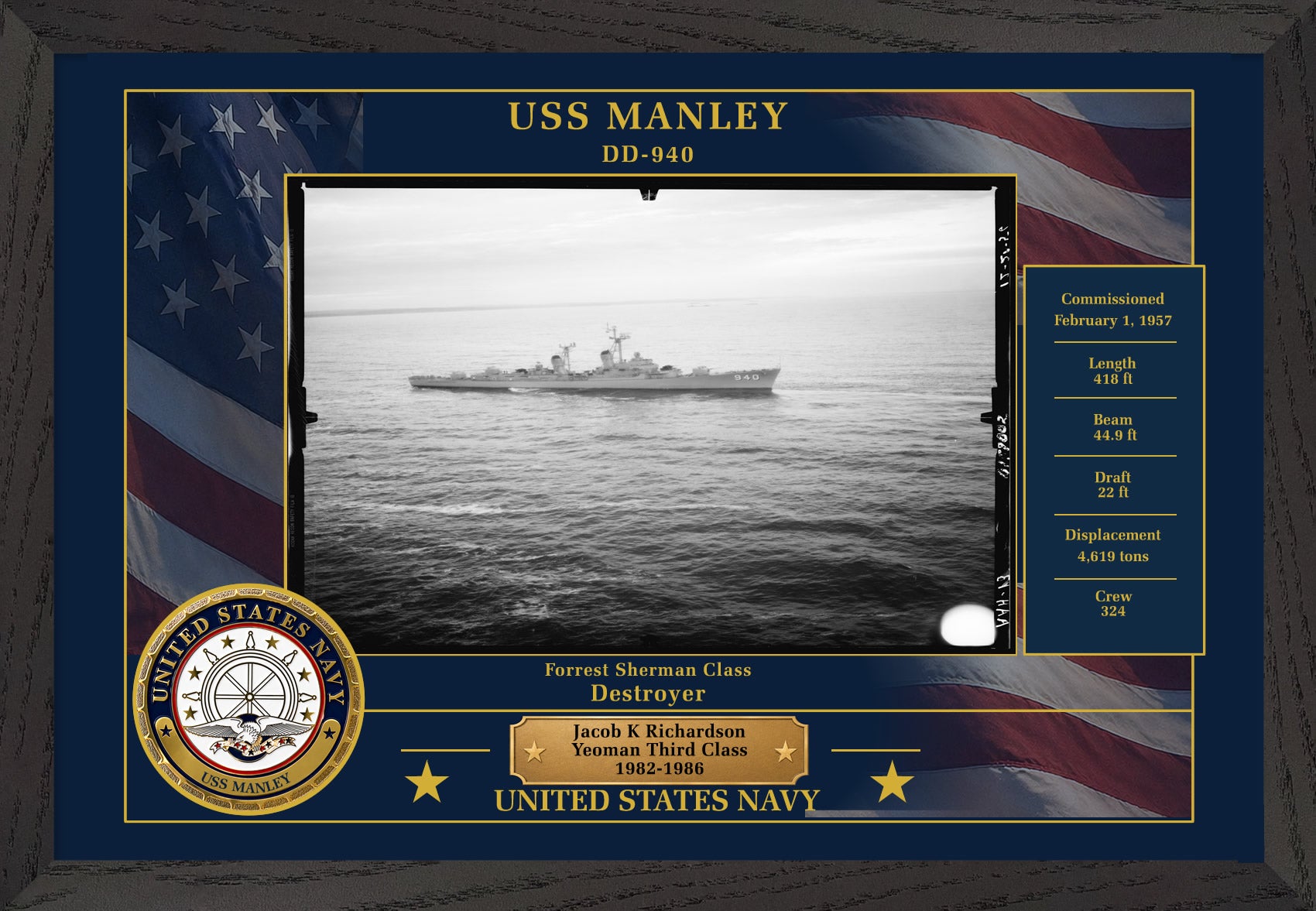 USS Manley DD-940 Framed Patriotic Photo
