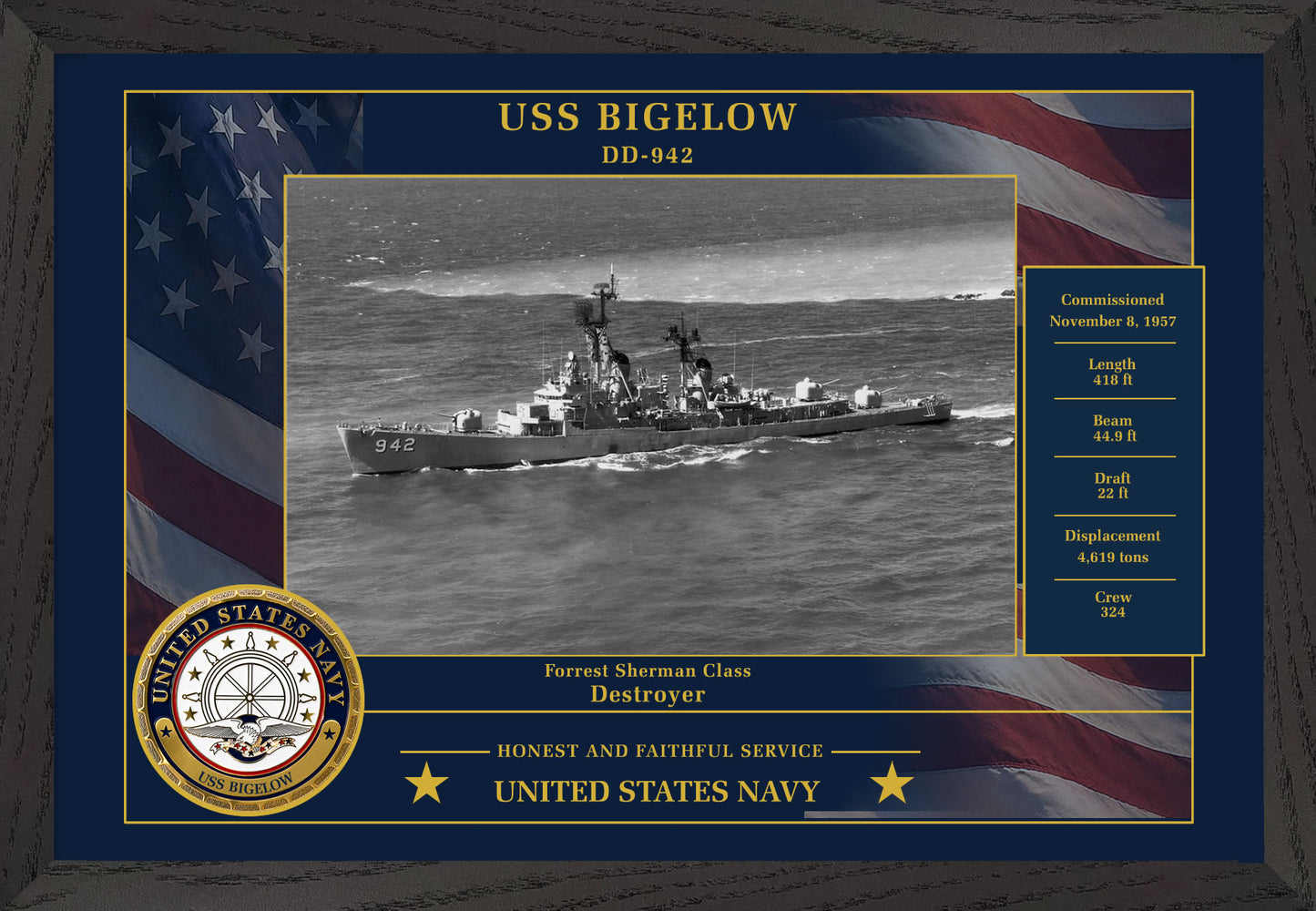 USS Bigelow DD-942 Framed Patriotic Photo