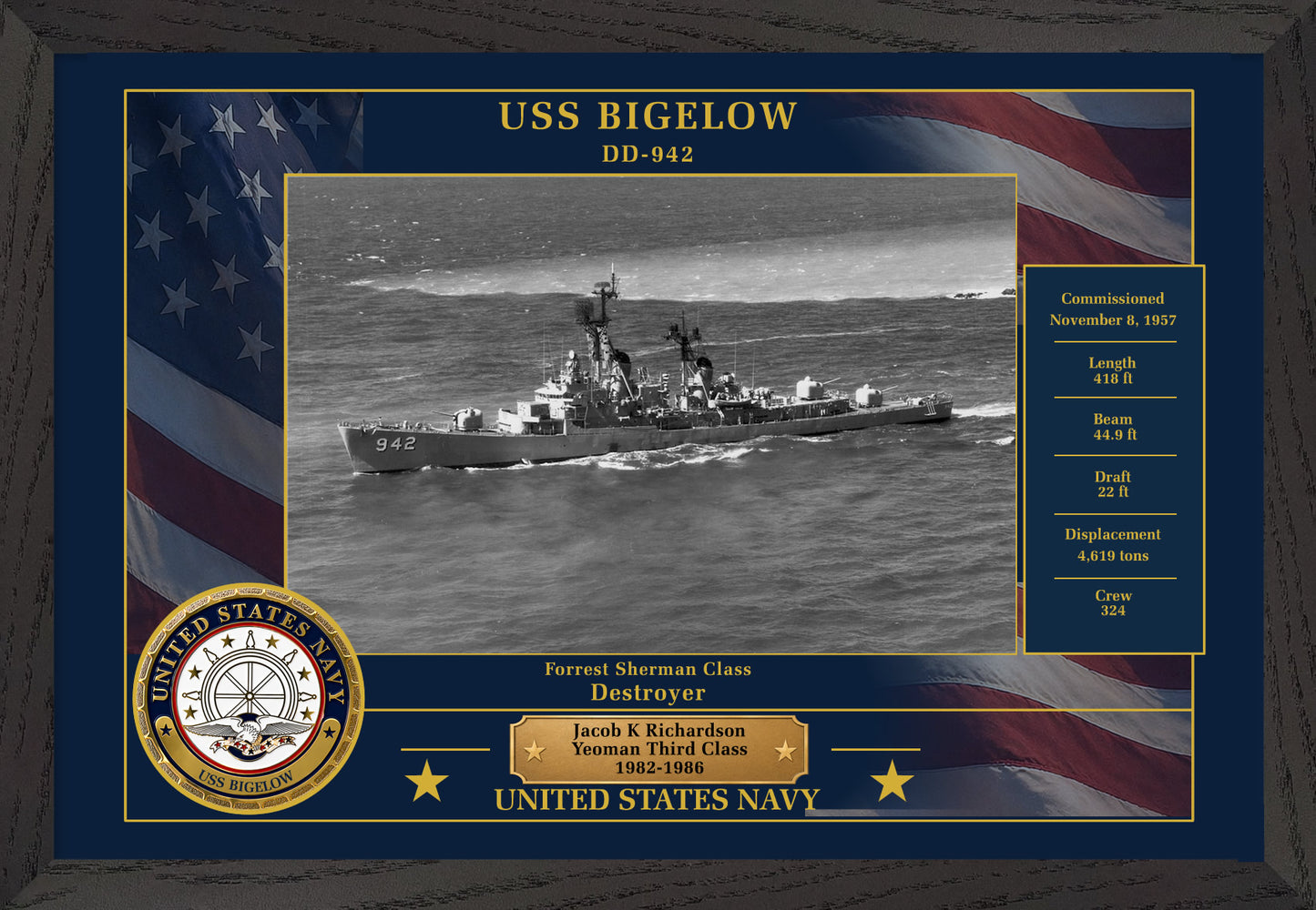 USS Bigelow DD-942 Framed Patriotic Photo