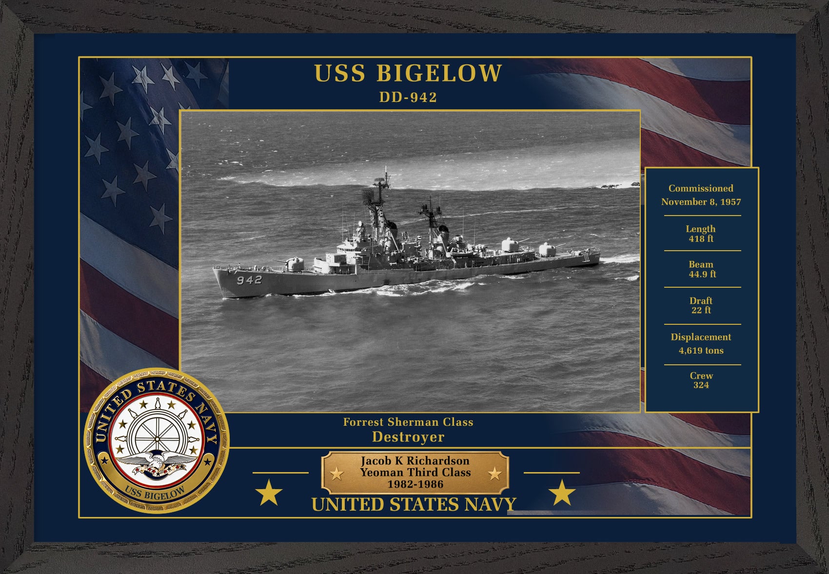 USS Bigelow DD-942 Framed Patriotic Photo