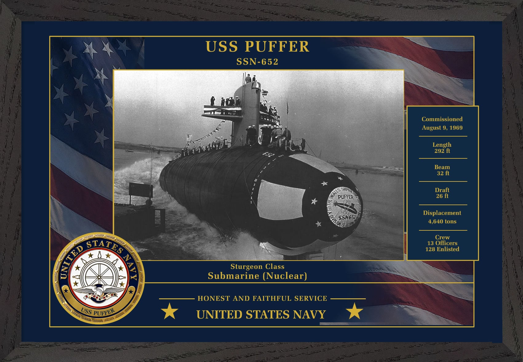 USS Puffer SSN-652 Framed Patriotic Photo