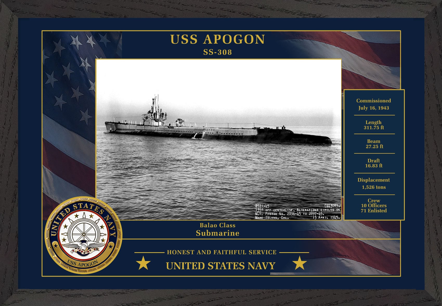 USS Apogon SS-308 Framed Patriotic Photo