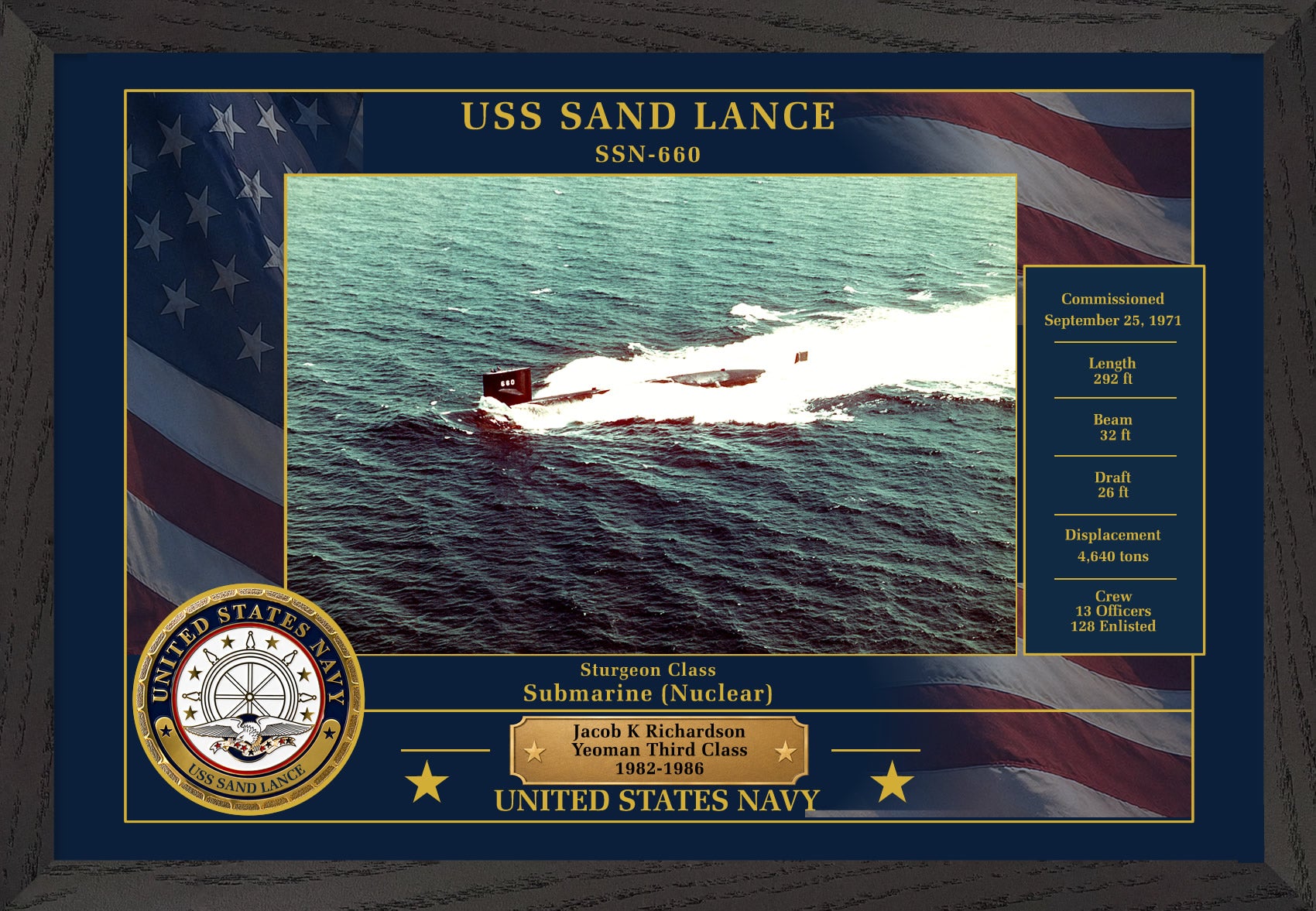 USS Sand Lance SSN-660 Framed Patriotic Photo