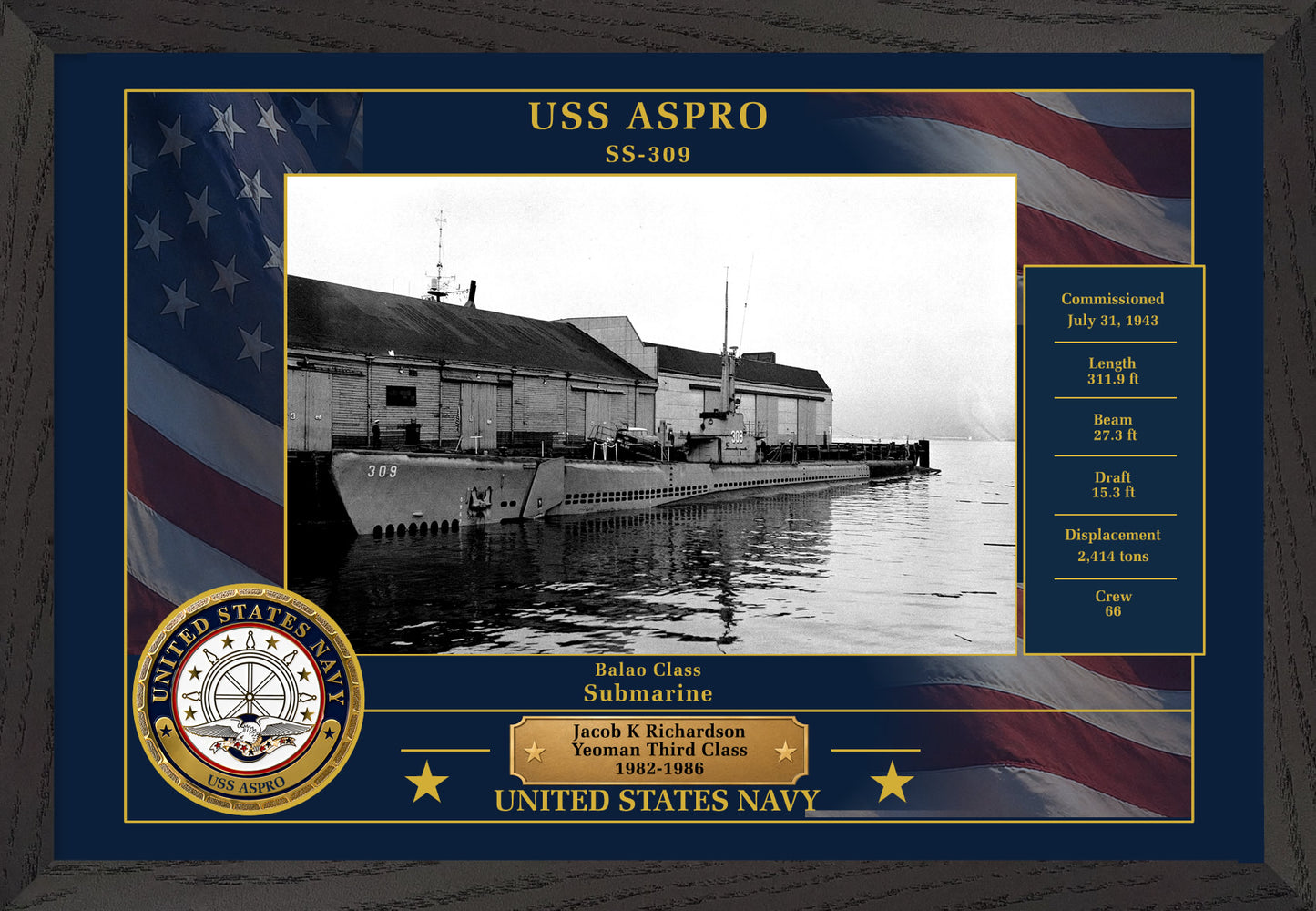 USS Aspro SS-309 Framed Patriotic Photo