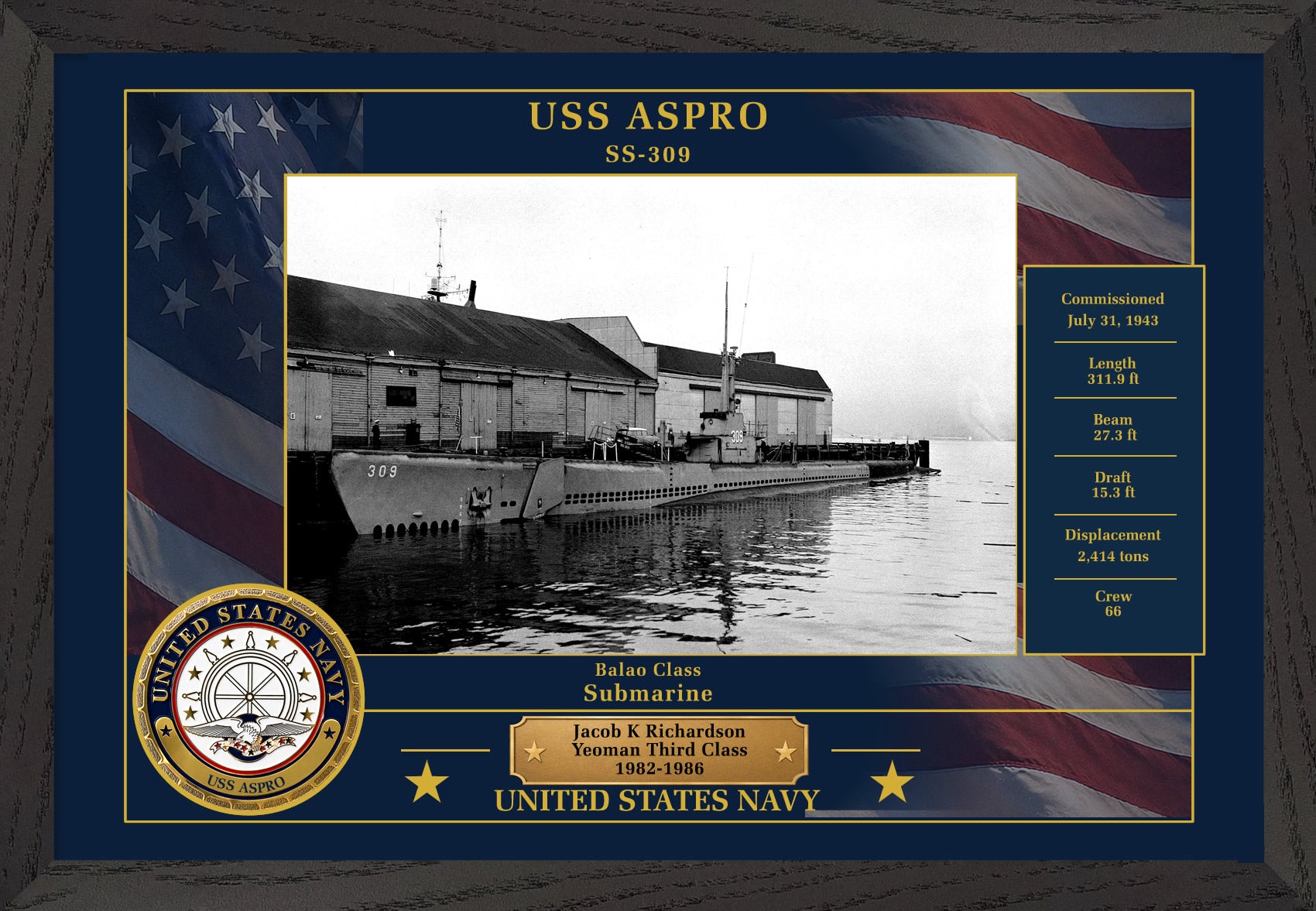 USS Aspro SS-309 Framed Patriotic Photo