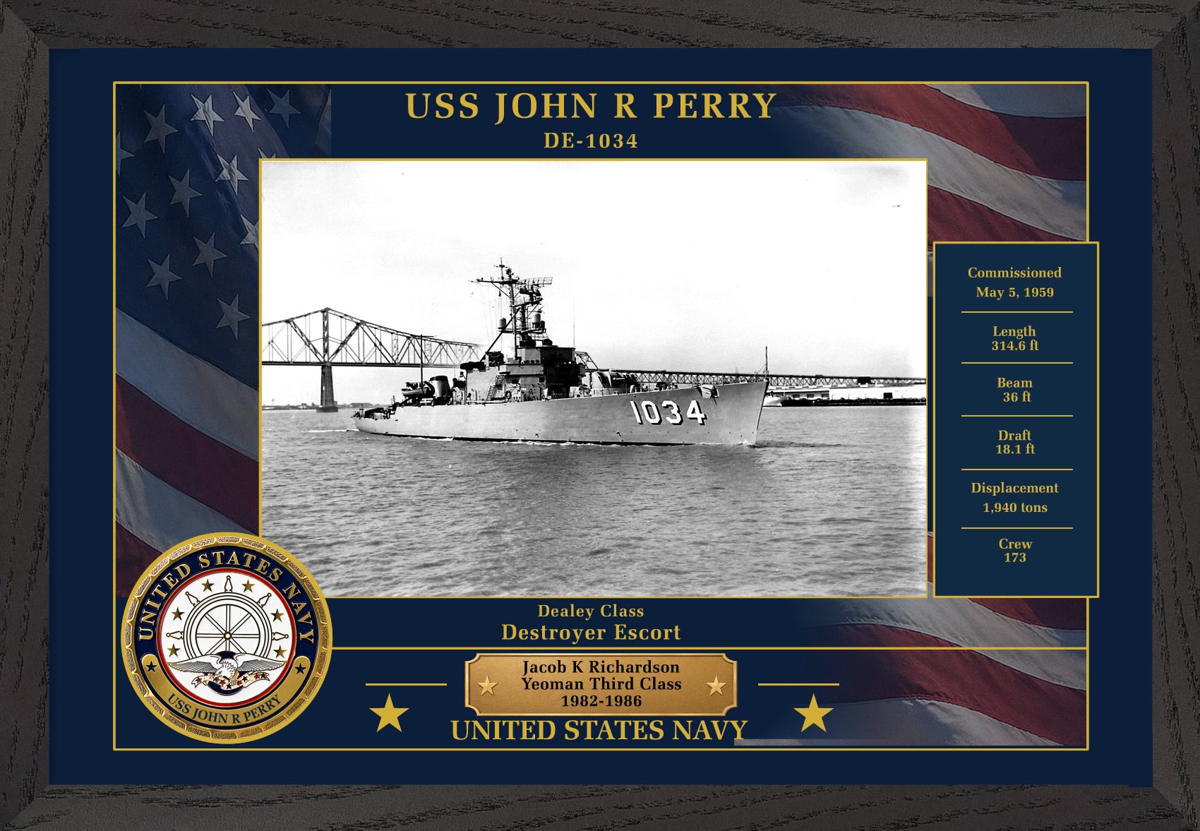 USS John R Perry DE-1034 Framed Patriotic Photo
