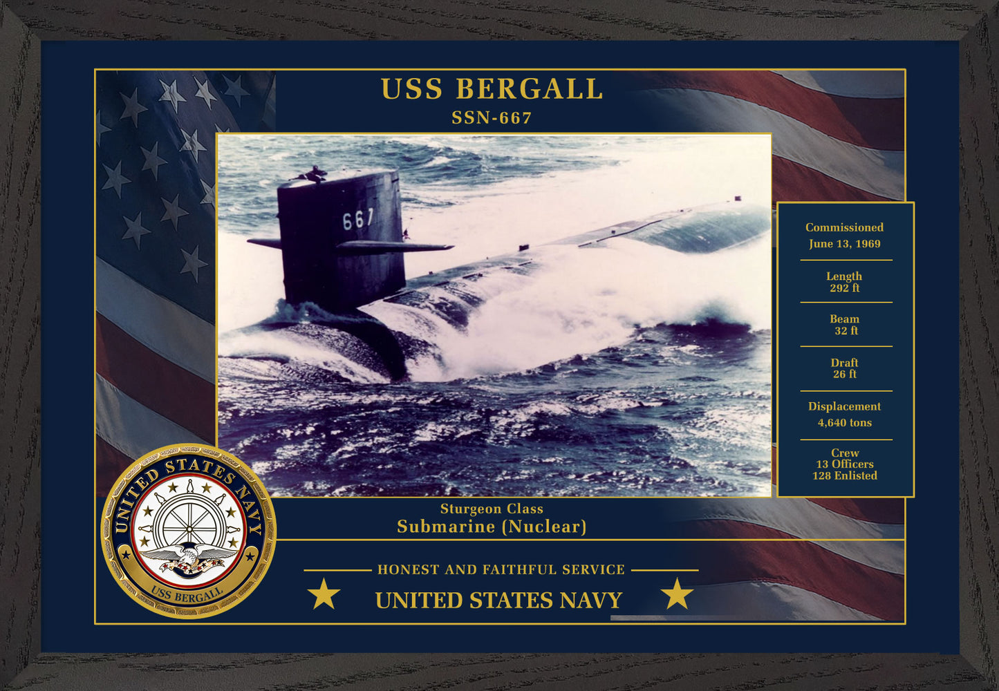 USS Bergall SSN-667 Framed Patriotic Photo