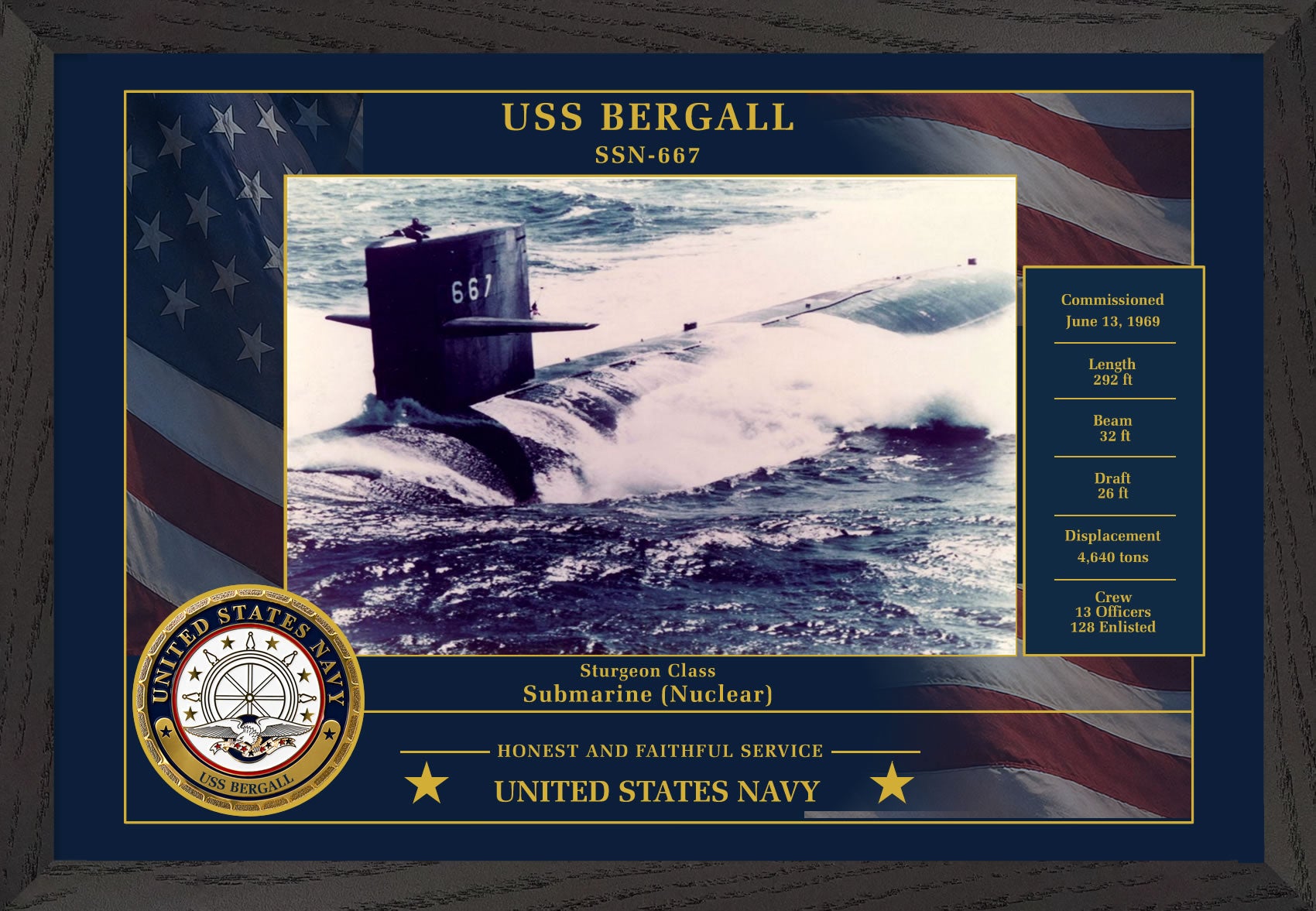 USS Bergall SSN-667 Framed Patriotic Photo