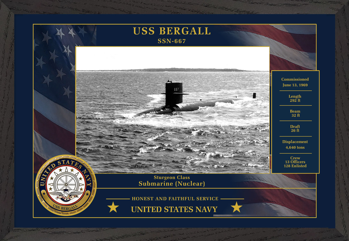 USS Bergall SSN-667 Framed Patriotic Photo
