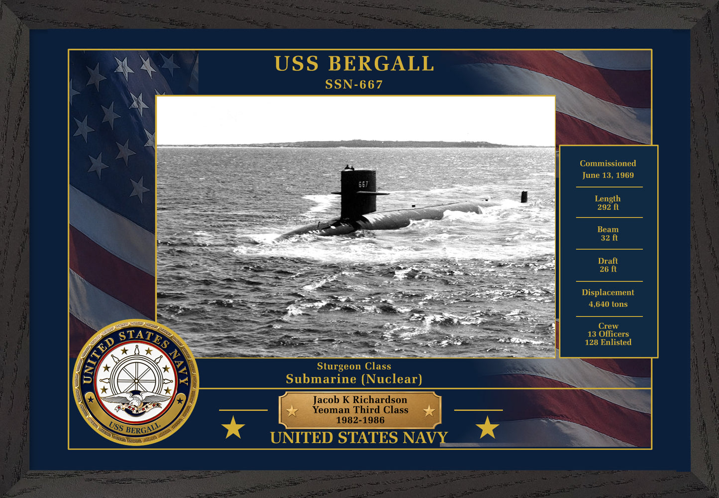 USS Bergall SSN-667 Framed Patriotic Photo