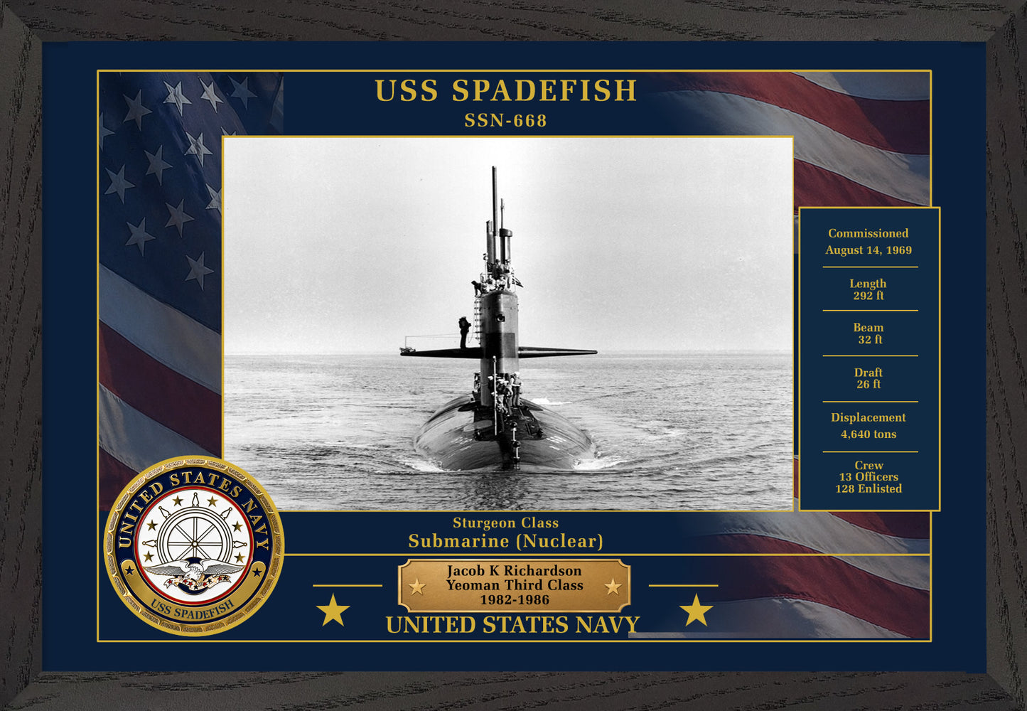 USS Spadefish SSN-668 Framed Patriotic Photo