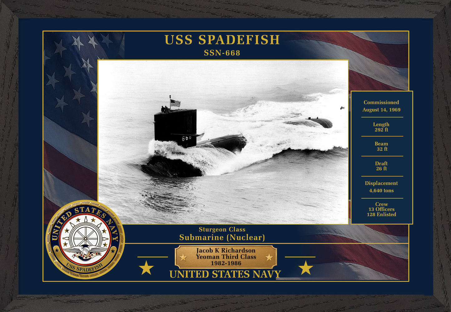 USS Spadefish SSN-668 Framed Patriotic Photo