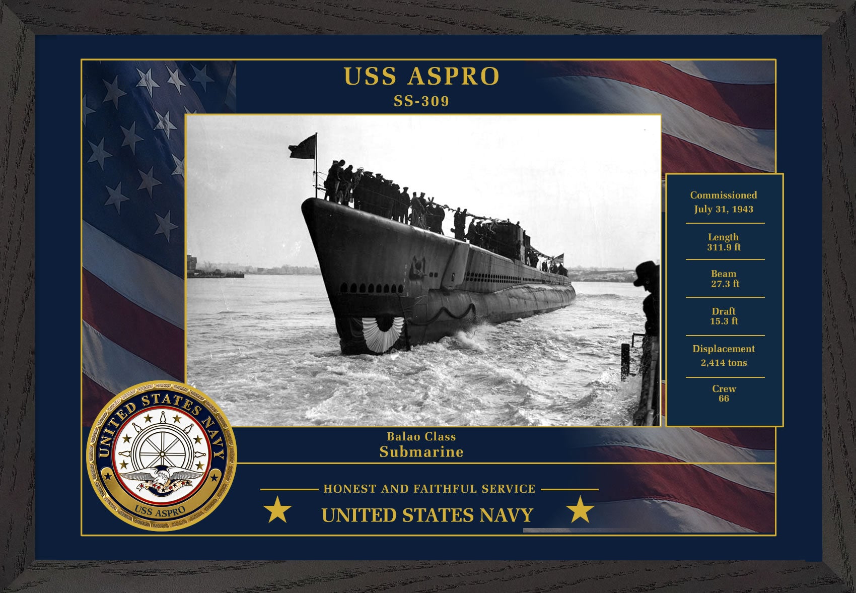 USS Aspro SS-309 Framed Patriotic Photo