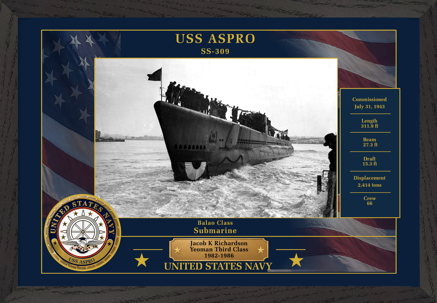 USS Aspro SS-309 Framed Patriotic Photo