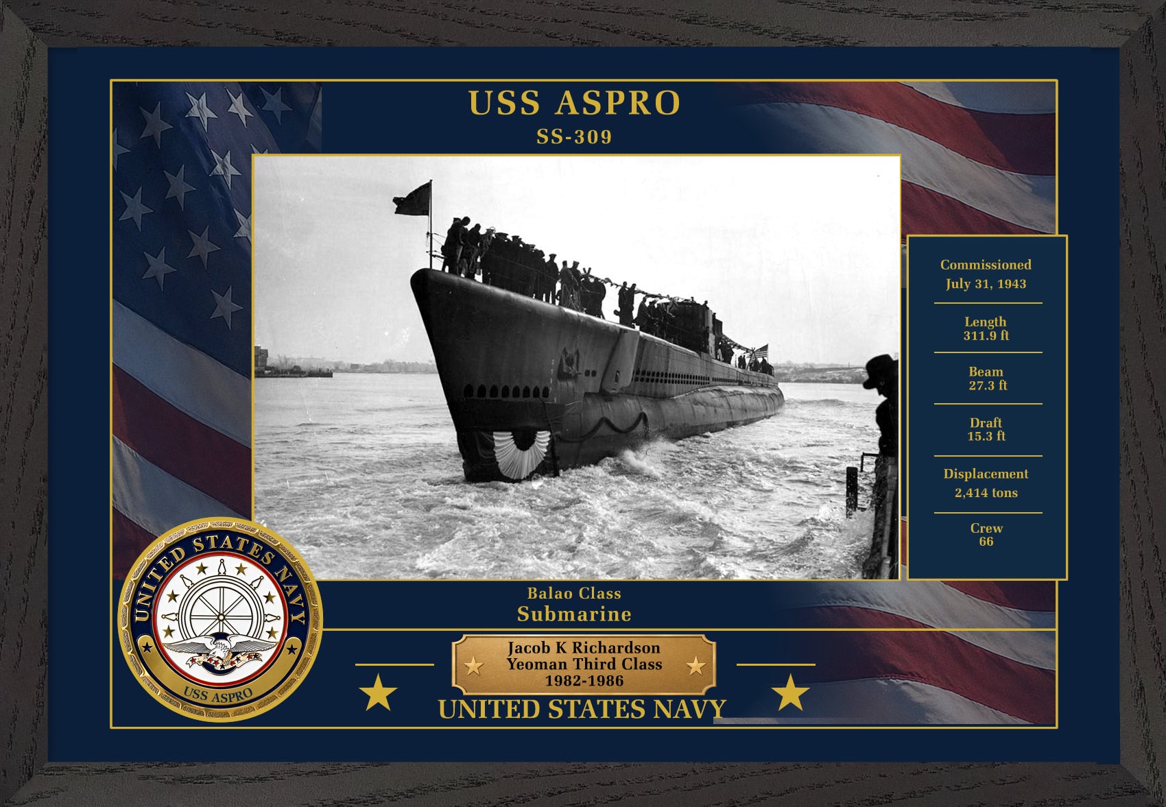USS Aspro SS-309 Framed Patriotic Photo