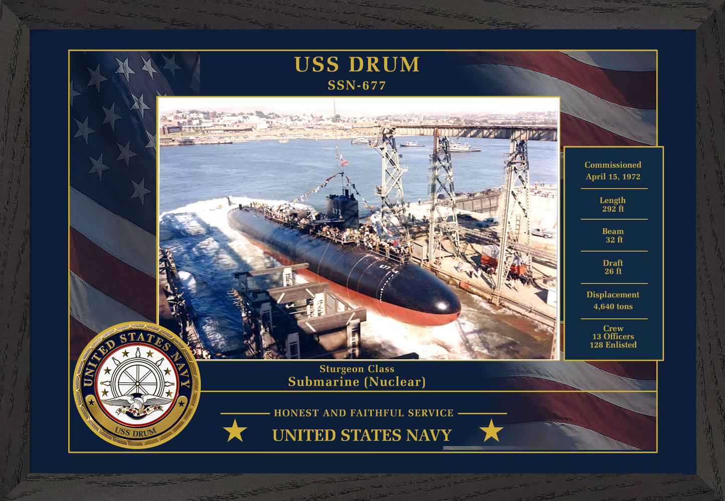 USS Drum SSN-677 Framed Patriotic Photo