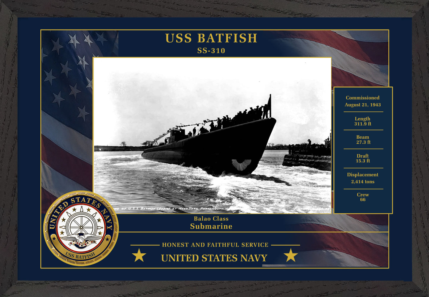 USS Batfish SS-310 Framed Patriotic Photo