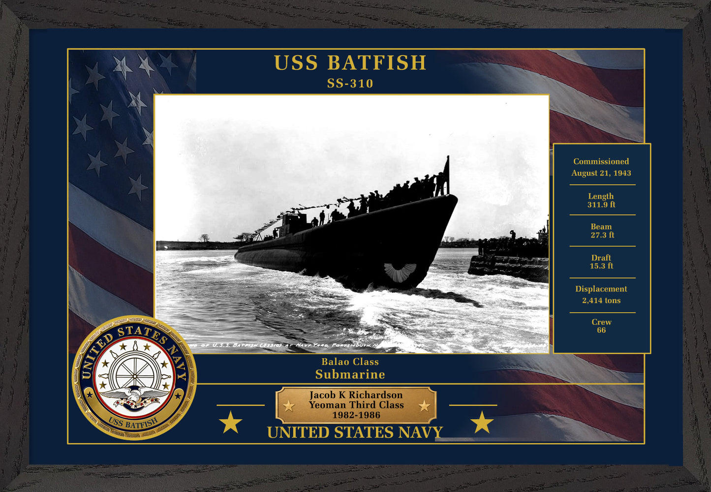 USS Batfish SS-310 Framed Patriotic Photo