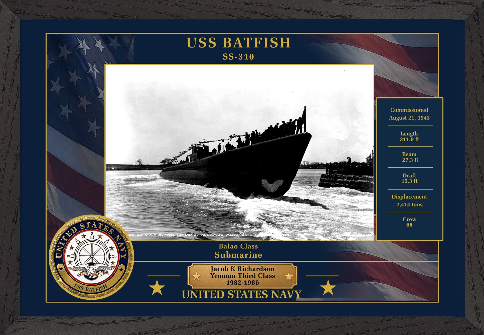 USS Batfish SS-310 Framed Patriotic Photo