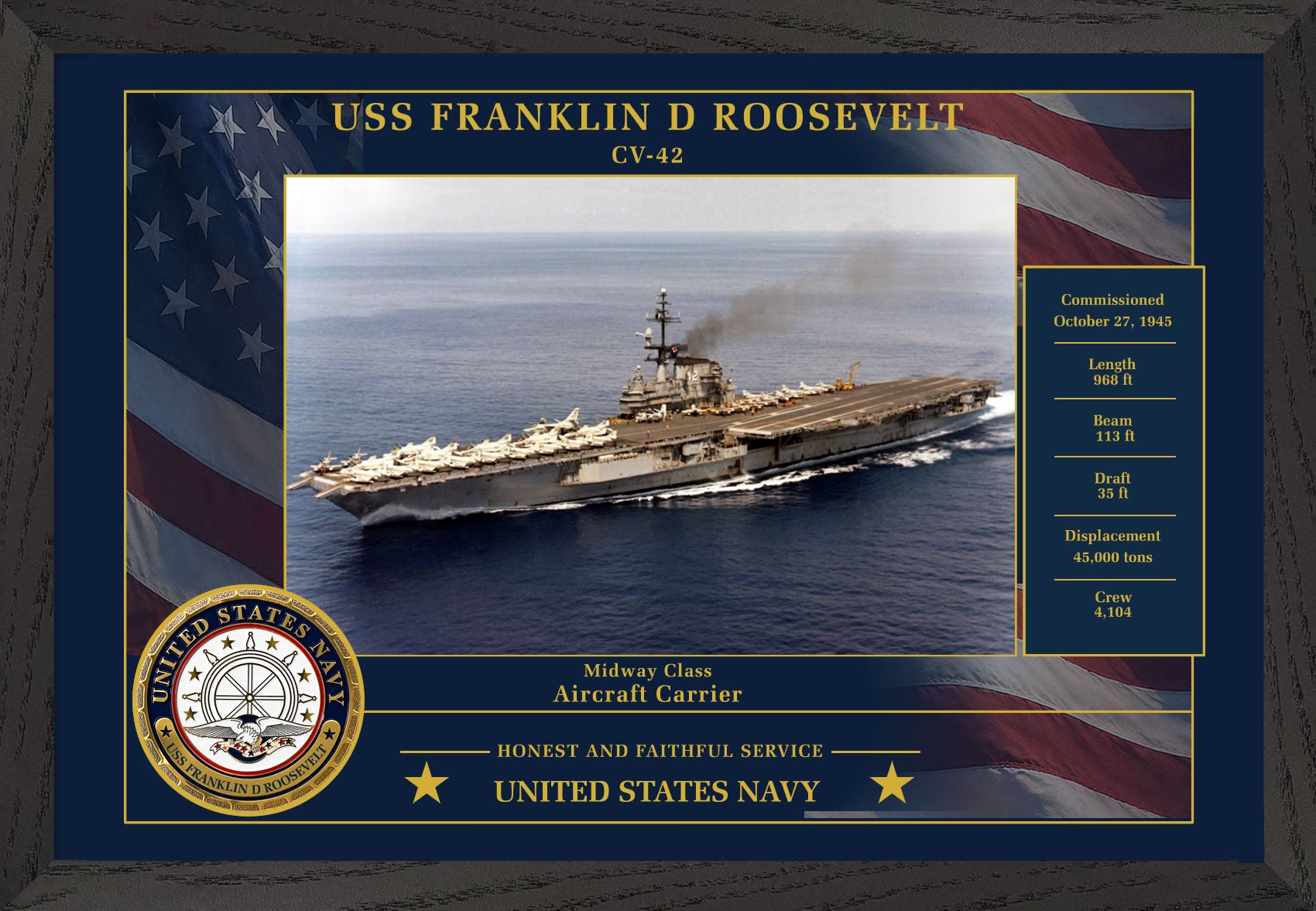 USS Franklin D Roosevelt CV-42 Framed Patriotic Photo
