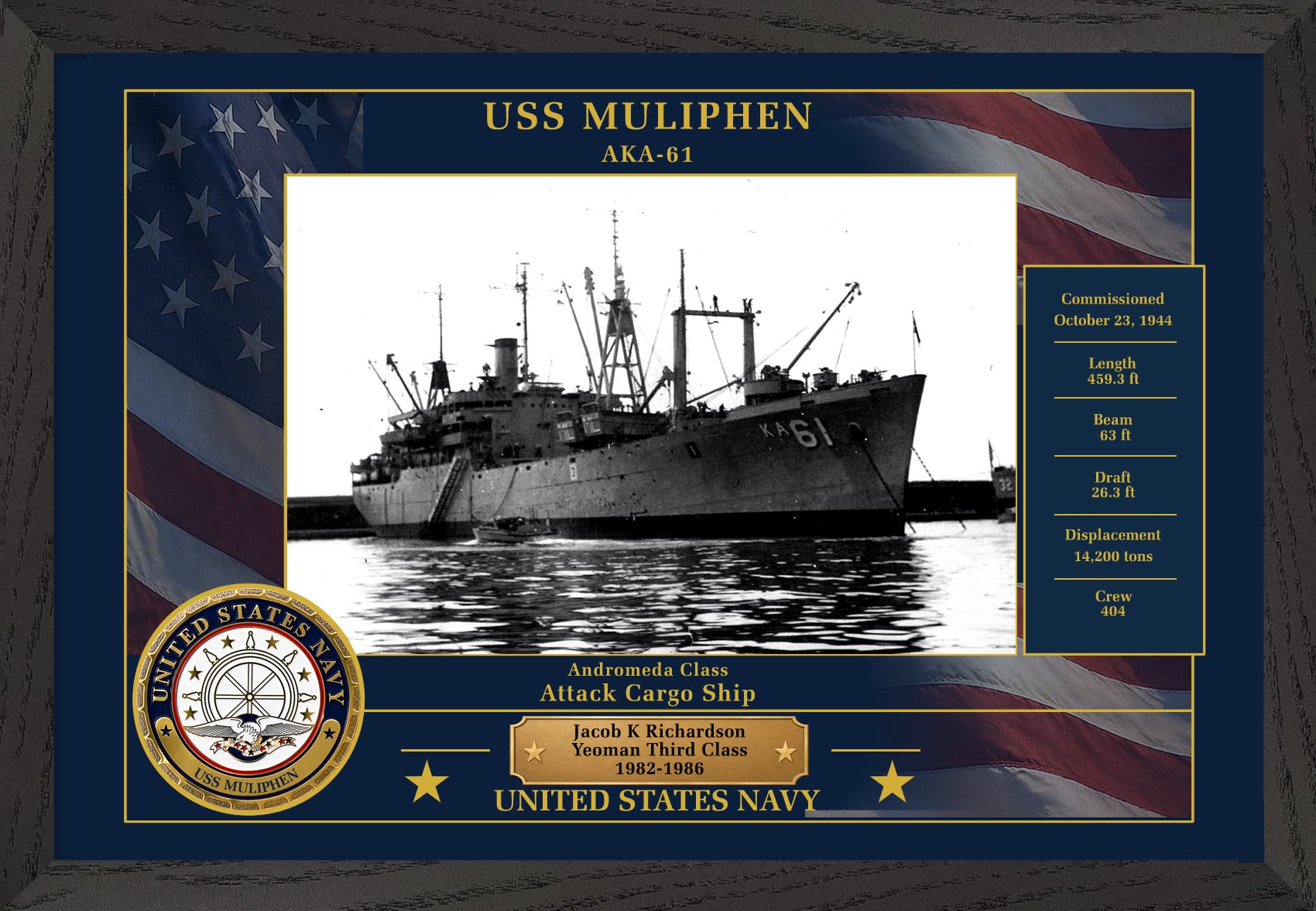 USS Muliphen AKA-61 Framed Patriotic Photo
