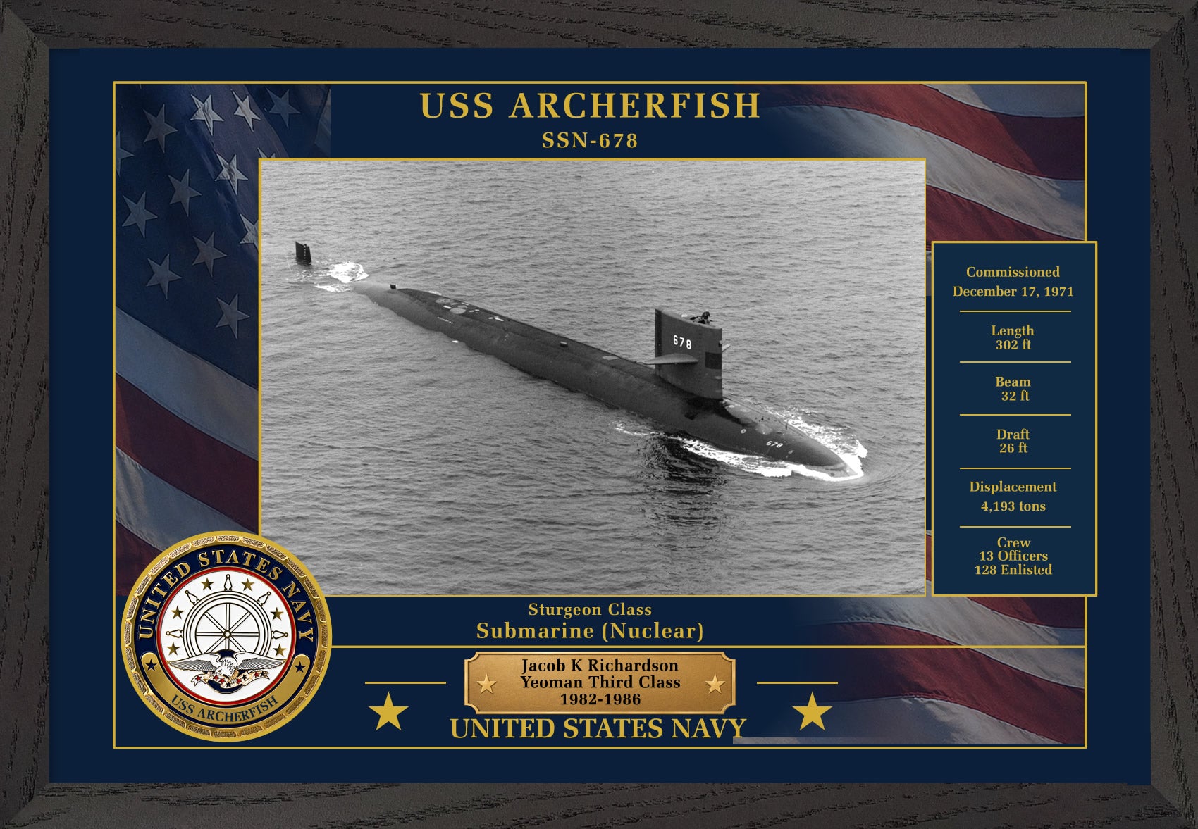 USS Archerfish SSN-678 Framed Patriotic Photo