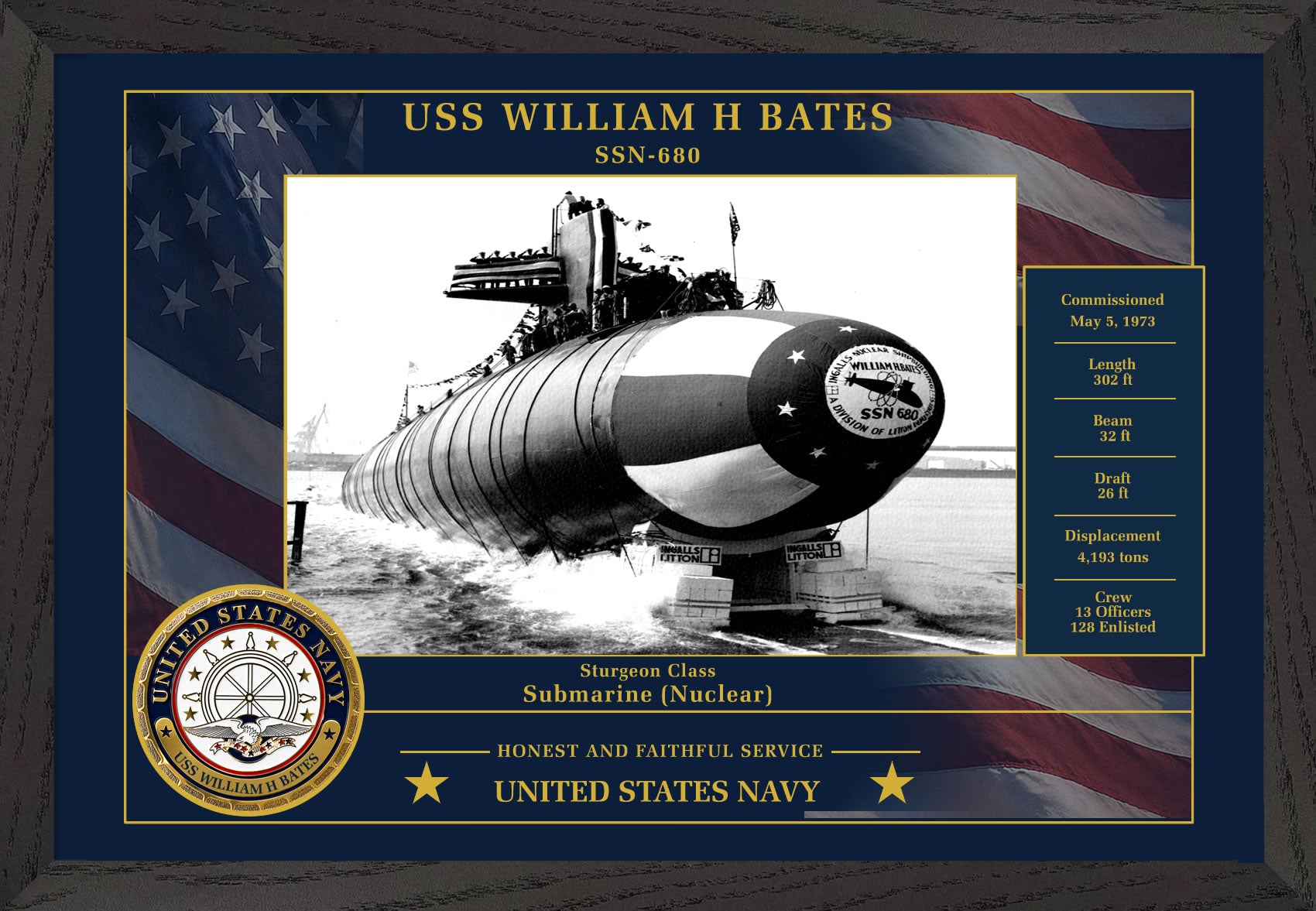 USS William H Bates SSN-680 Framed Patriotic Photo