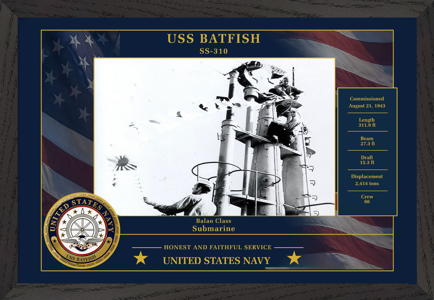 USS Batfish SS-310 Framed Patriotic Photo