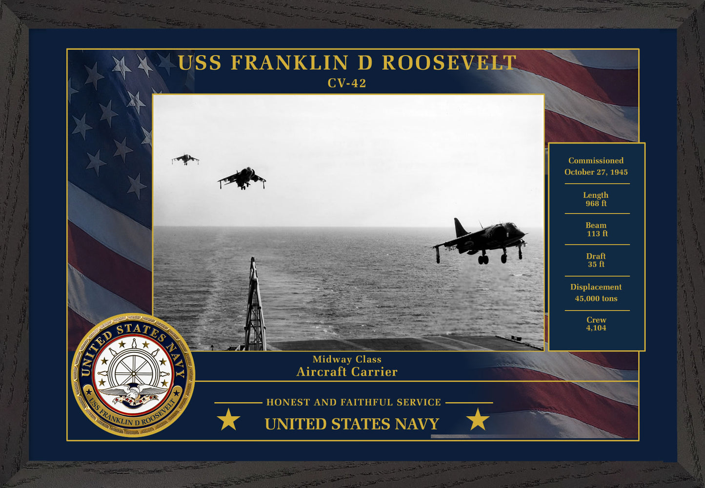 USS Franklin D Roosevelt CV-42 Framed Patriotic Photo