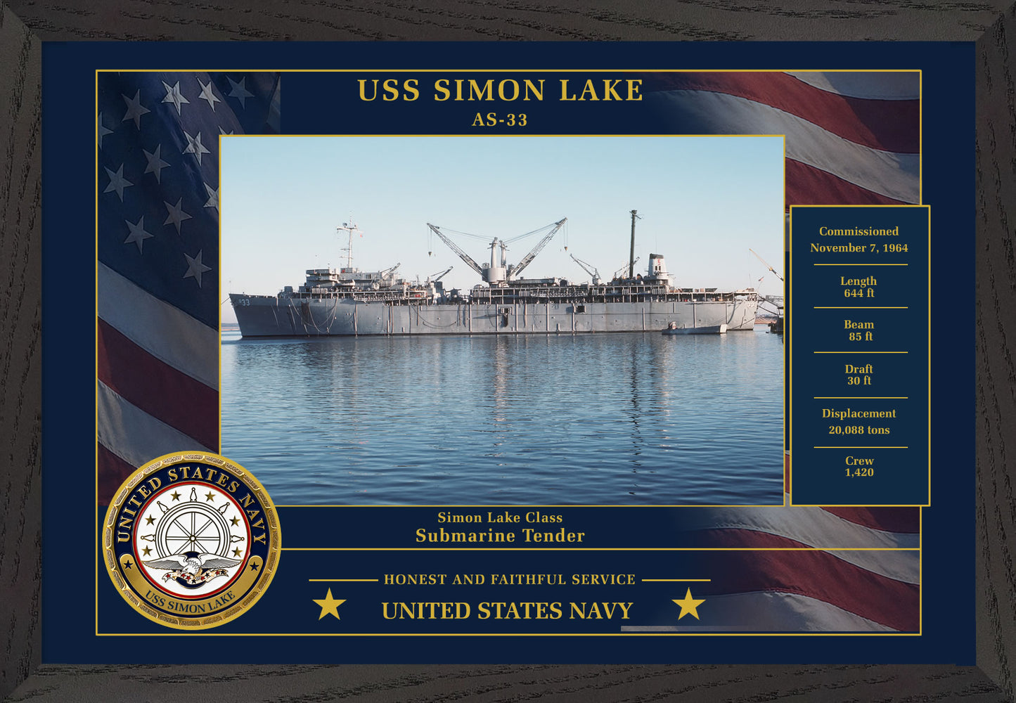 USS Simon Lake AS-33 Framed Patriotic Photo