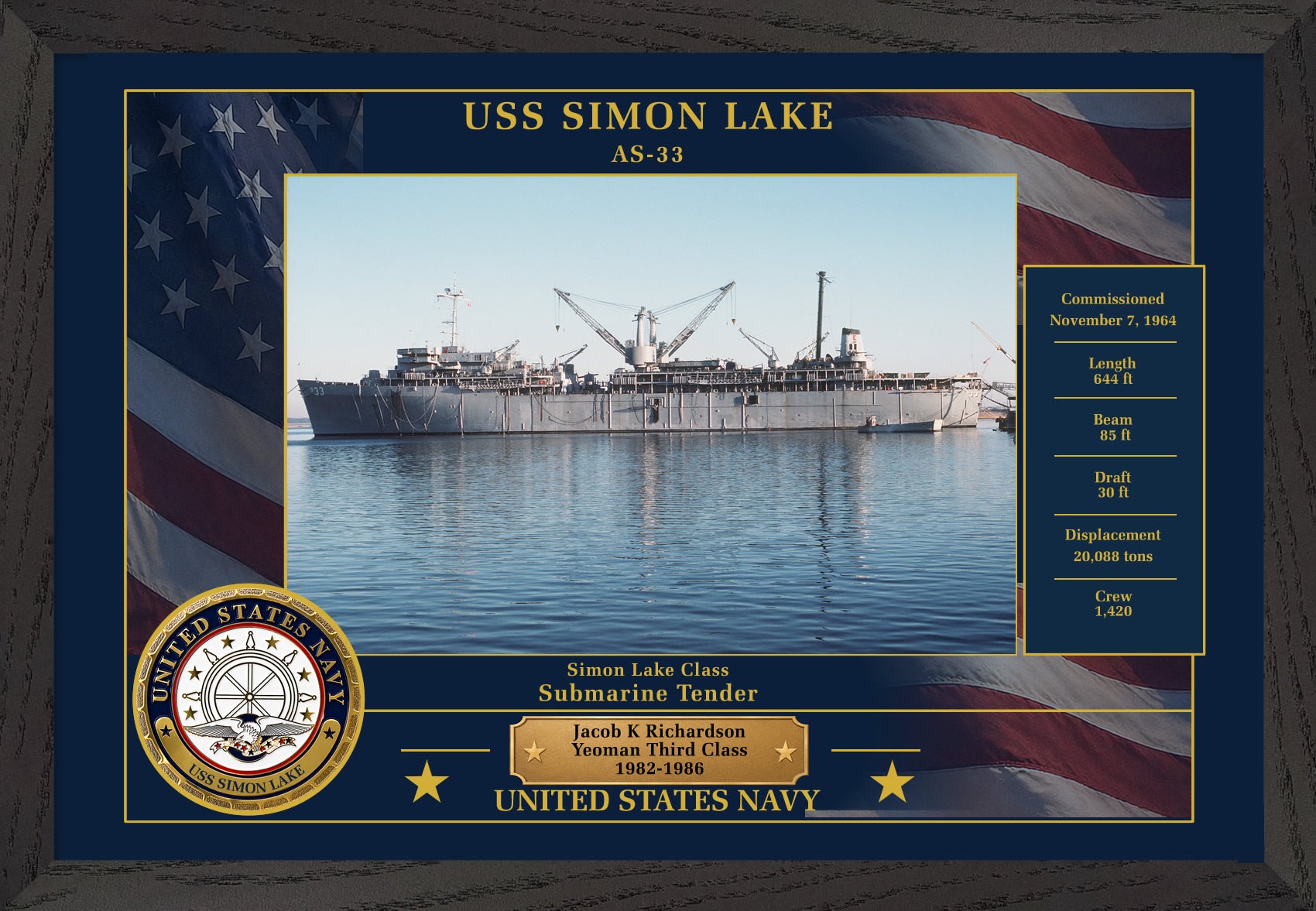 USS Simon Lake AS-33 Framed Patriotic Photo