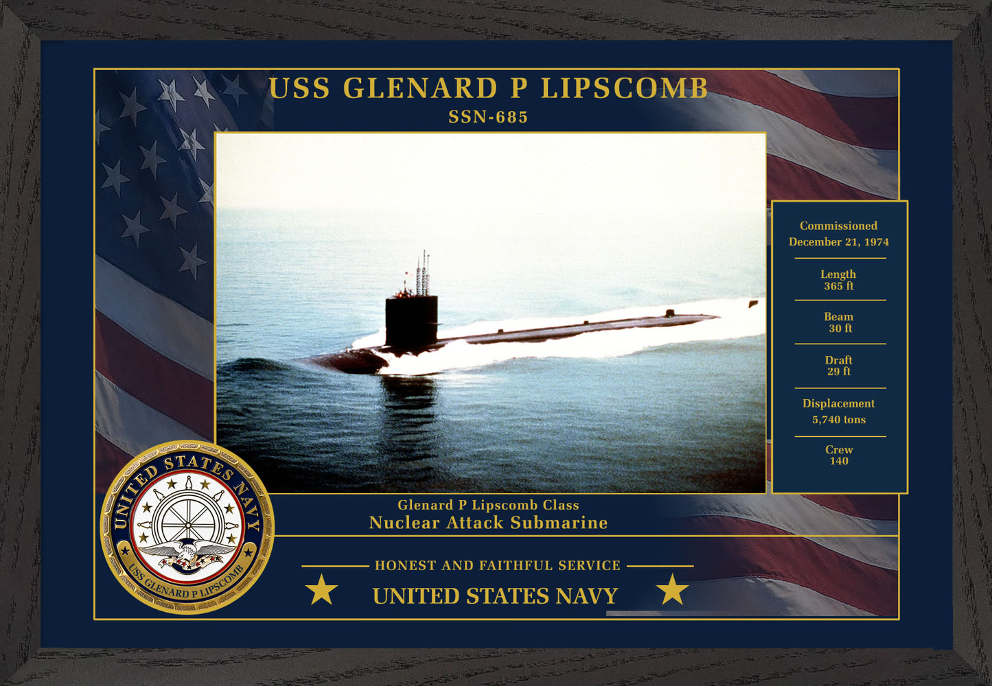 USS Glenard P Lipscomb SSN-685 Framed Patriotic Photo