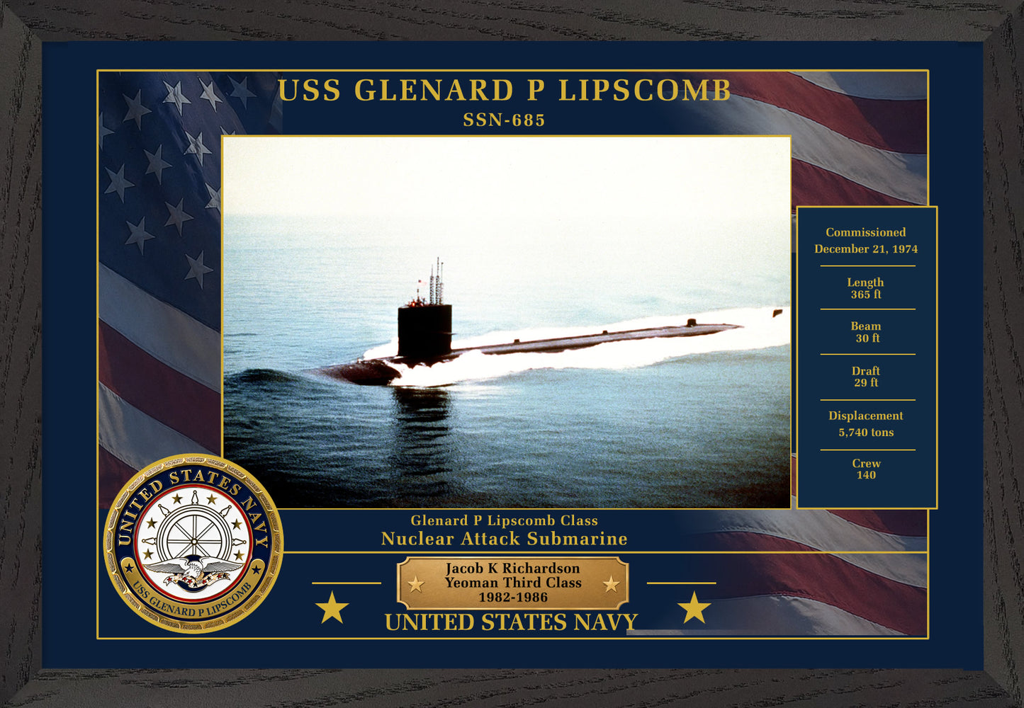 USS Glenard P Lipscomb SSN-685 Framed Patriotic Photo