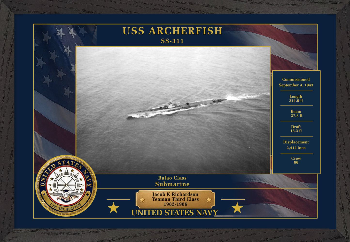 USS Archerfish SS-311 Framed Patriotic Photo