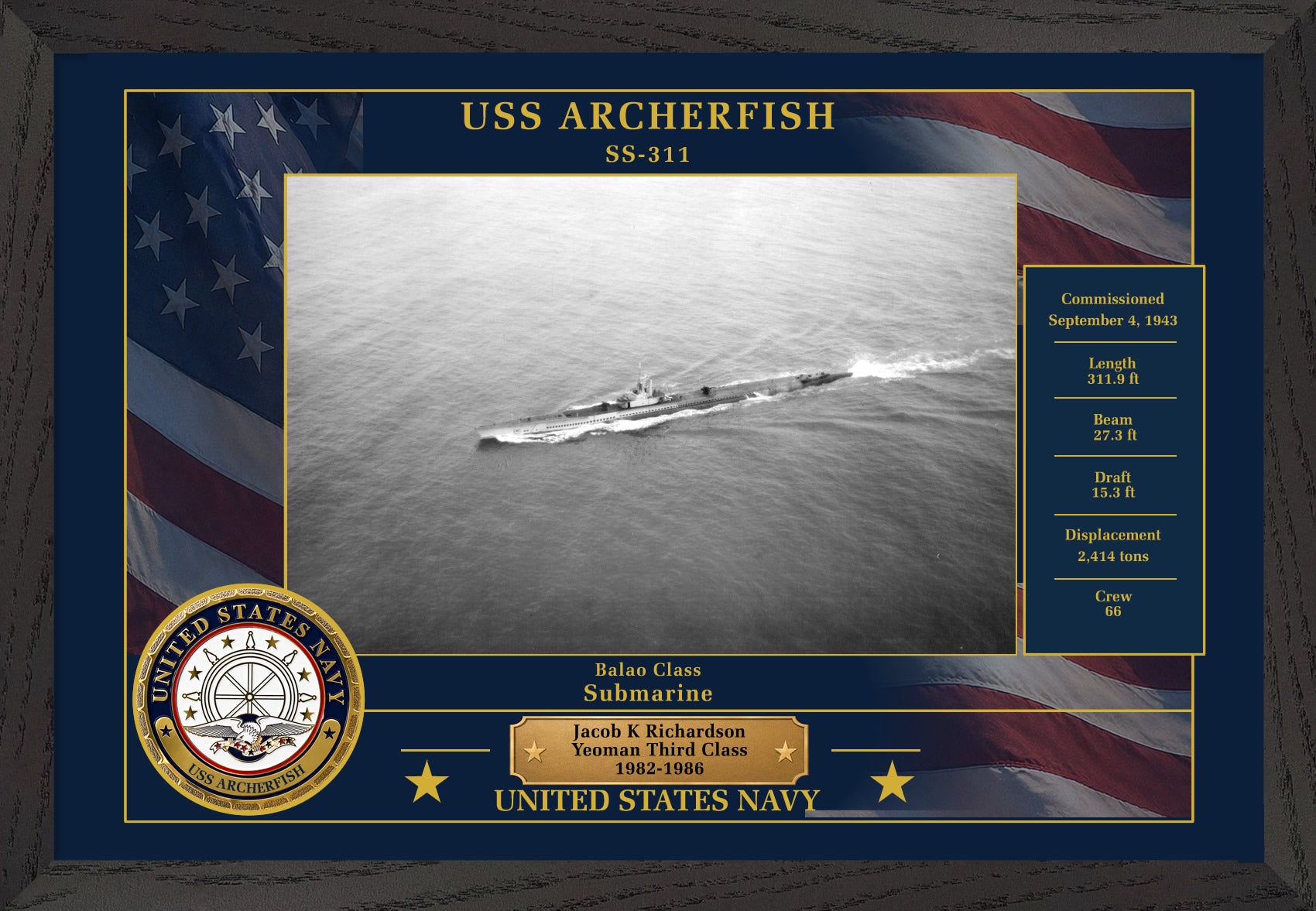 USS Archerfish SS-311 Framed Patriotic Photo