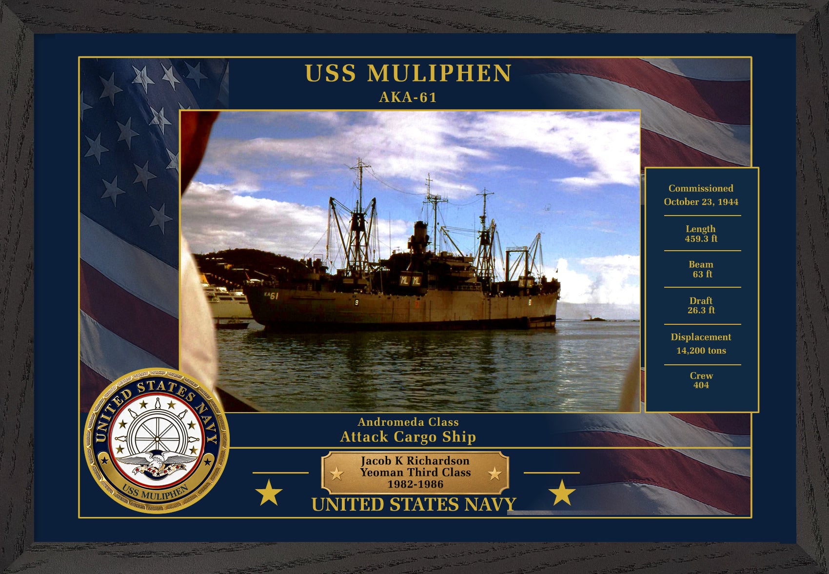 USS Muliphen AKA-61 Framed Patriotic Photo