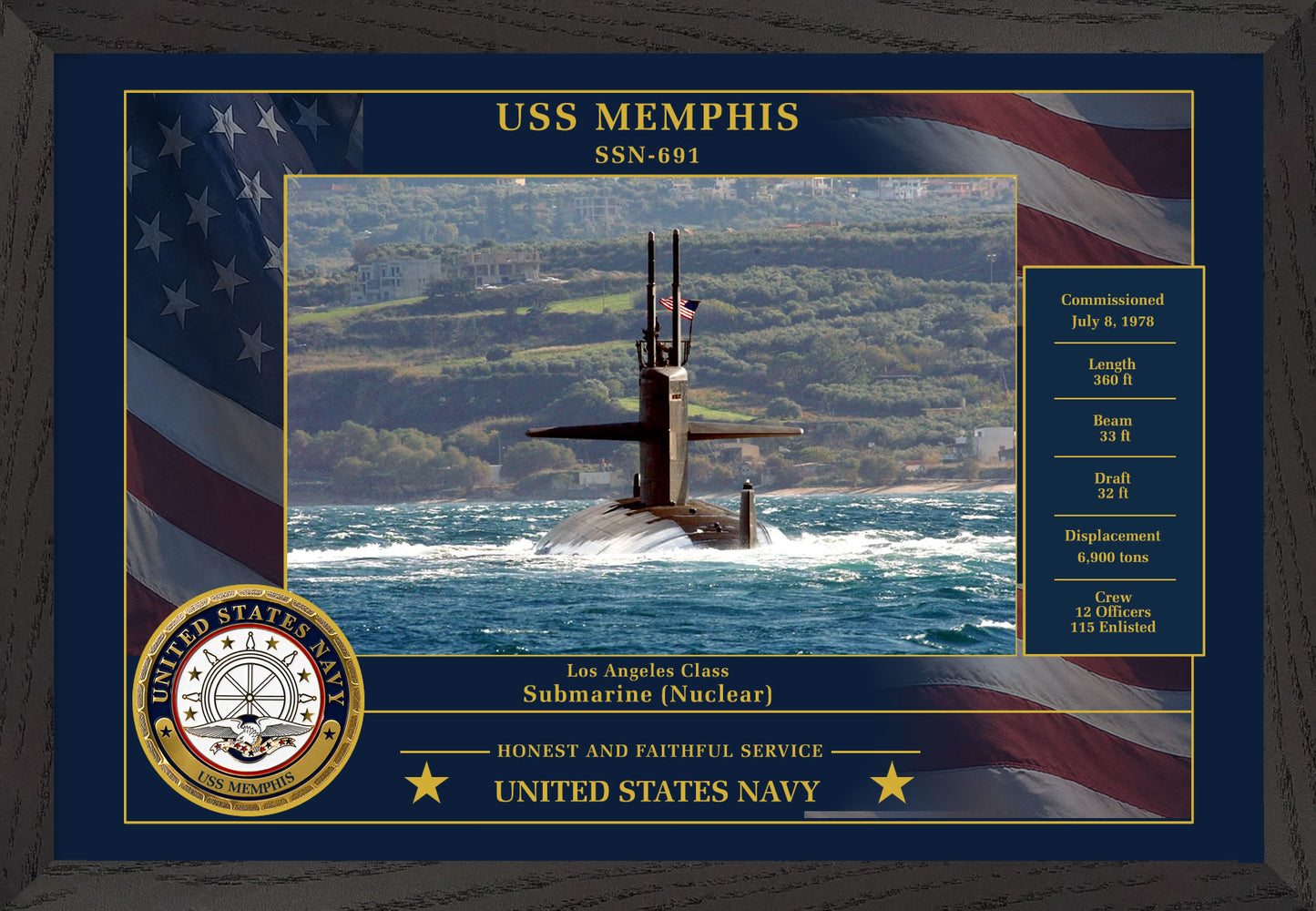 USS Memphis SSN-691 Framed Patriotic Photo