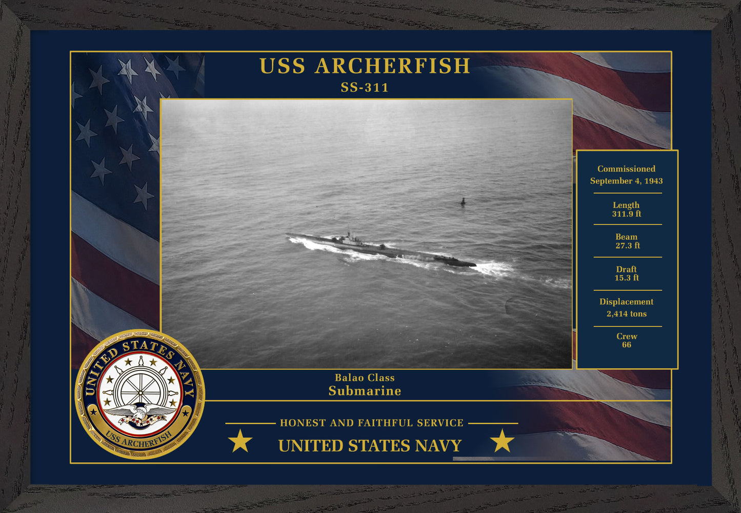 USS Archerfish SS-311 Framed Patriotic Photo
