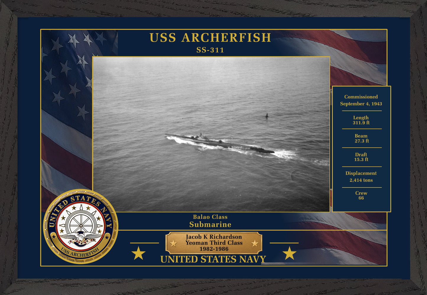 USS Archerfish SS-311 Framed Patriotic Photo