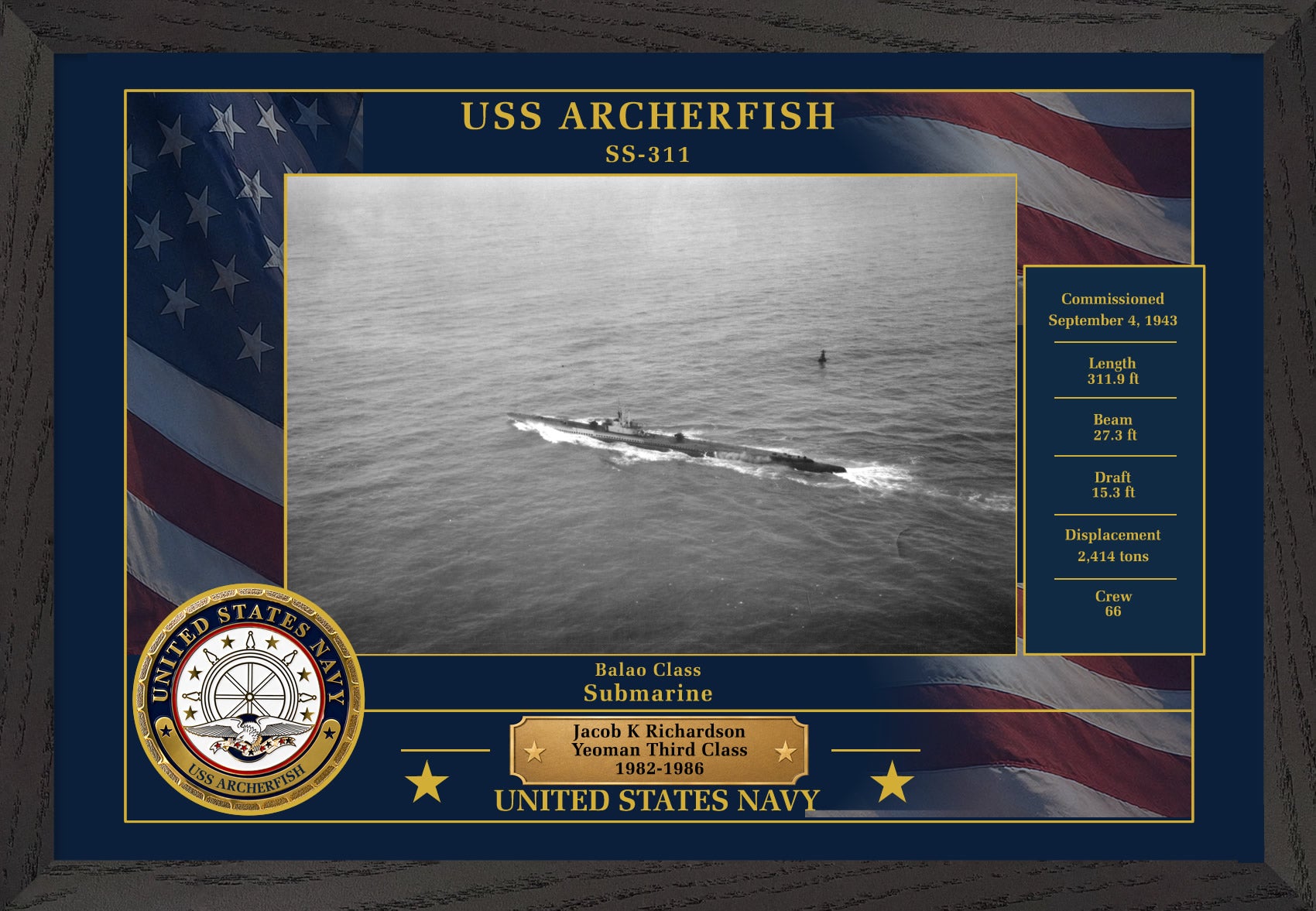 USS Archerfish SS-311 Framed Patriotic Photo