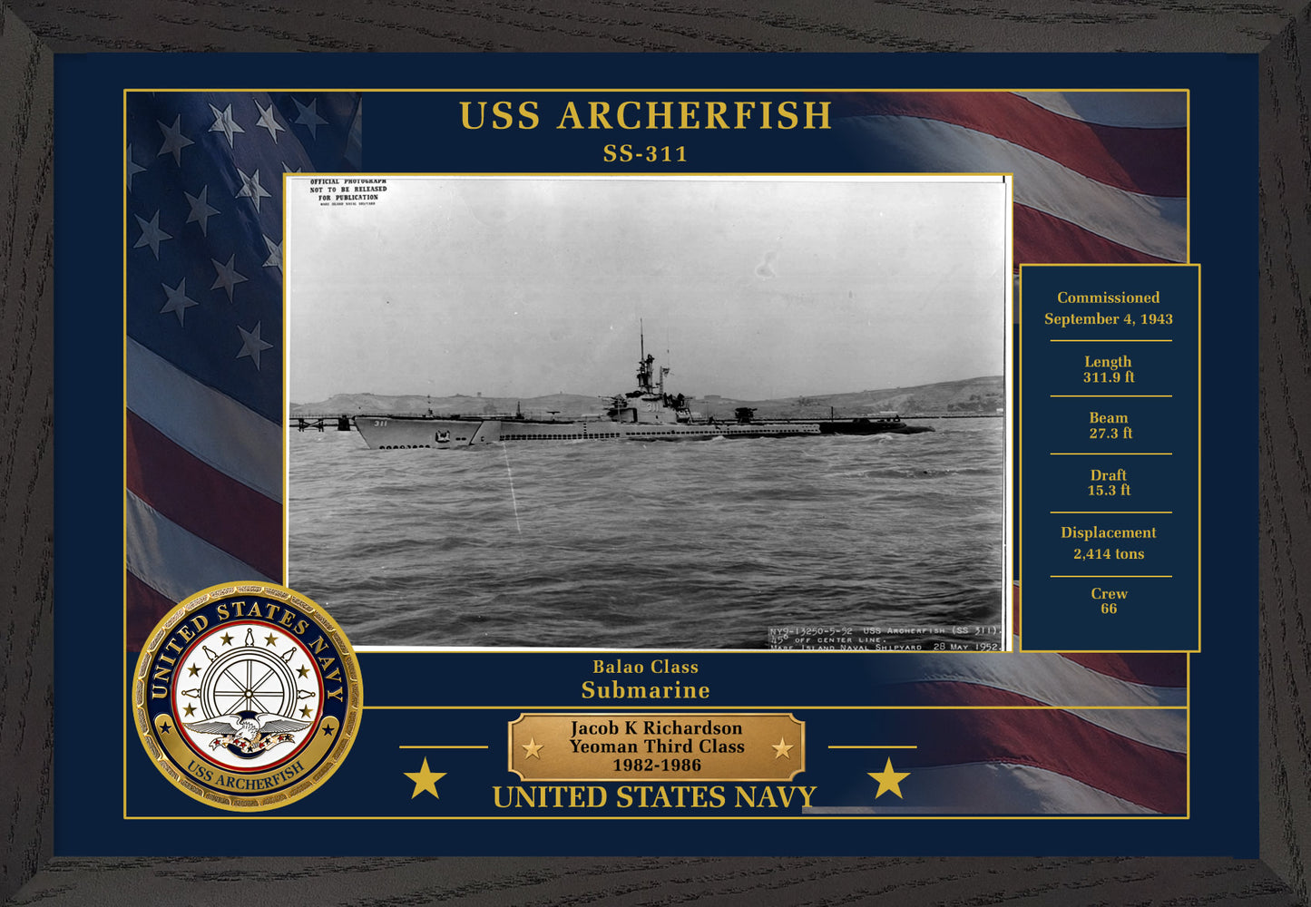 USS Archerfish SS-311 Framed Patriotic Photo
